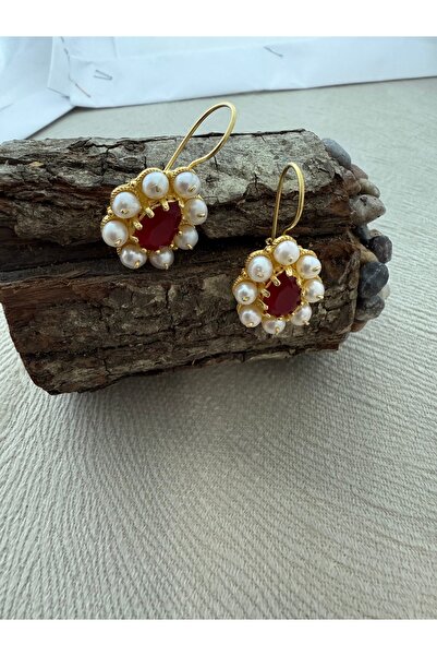 Midyat Artuklu Gümüşçülük Yakut&İnci Taşlı Gümüş Altın Kaplama Damşla Model Küpe