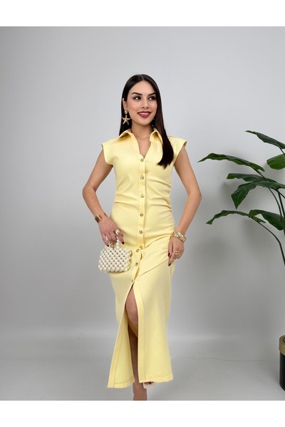 Butik Sarı Önü Düğmeli Elbise