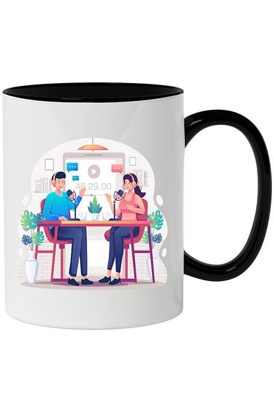 INOVATIX Personalized white mug, Podcast, Headphones, Microphone, Media, Table, with Black Handle, INOVATIX®. 330ml