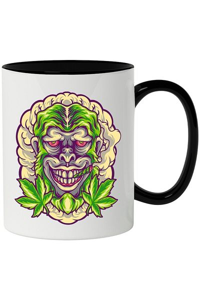 INOVATIX Personalized white mug, Gorilla, Smoke, Plants, Hippie, Illustration, with Black Handle, INOVATIX®. 330ml