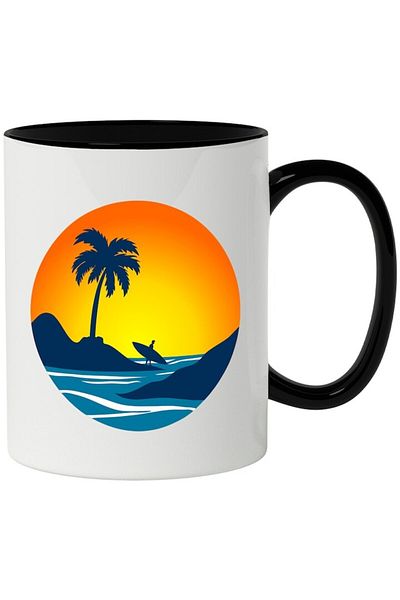 INOVATIX Personalized white mug, Surfboard, Sunset, Island, Ocean, with Black Handle, INOVATIX®. 330ml