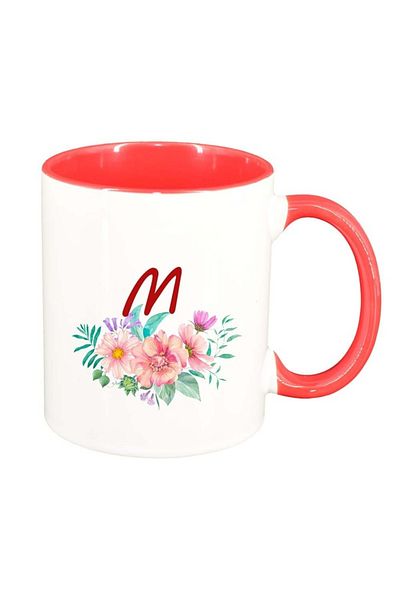 INOVATIX Personalized white mug, Flowers with alphabet, dark red interior, D945, INOVATIX®. 330ml