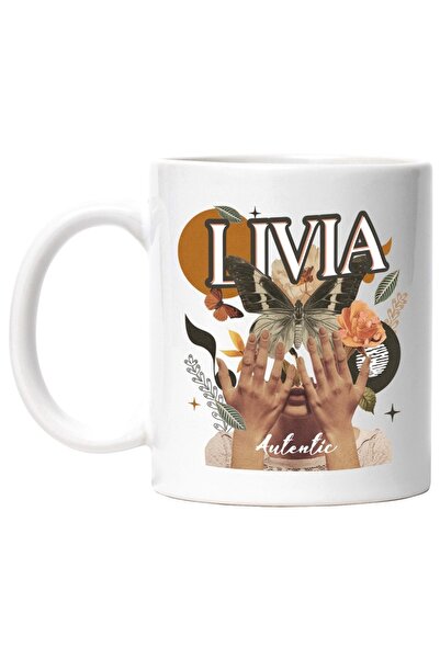 INOVATIX Cana alba personalizata, Numele Livia, Colaj Fata, Fluture, Flori, C...