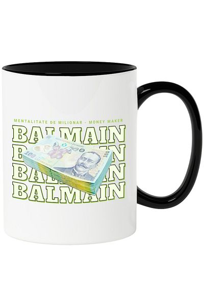 INOVATIX Personalized white mug, _Balmain_ - 100 Romanian Lei, with Black Handle, INOVATIX®. 330ml