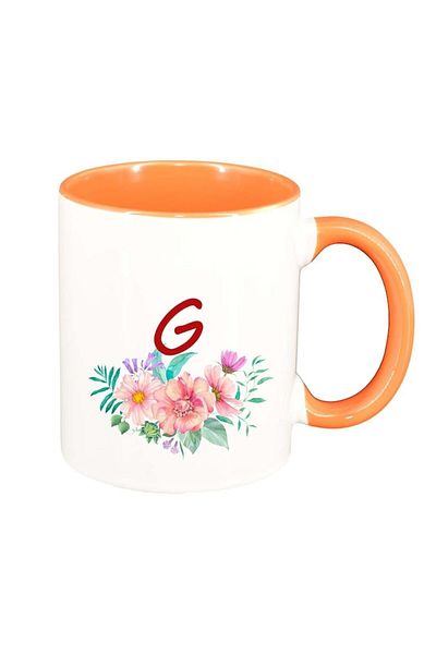 INOVATIX Personalized white mug, Flowers with alphabet, orange interior, D941, INOVATIX®. 330ml