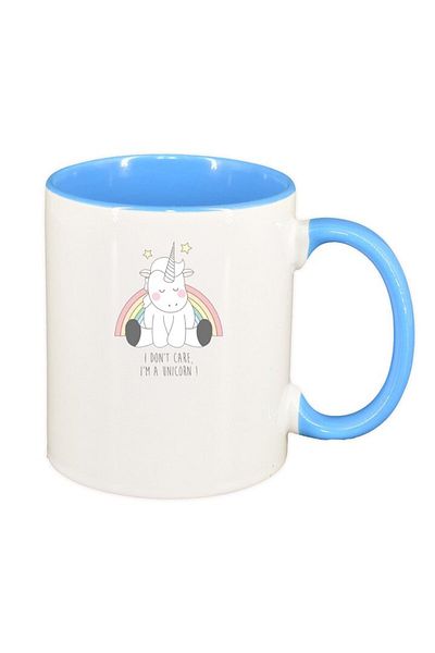 INOVATIX Cana alba personalizata, I Don't Care - Unicorn, interior albastru, D1430, INOVATIX®. 330ml