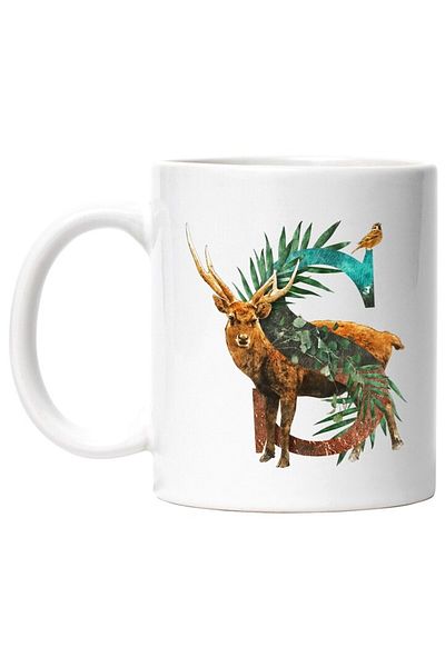 INOVATIX Personalized white mug, Letter, S, Deer, Bird, Leaves, INOVATIX®. 330ml