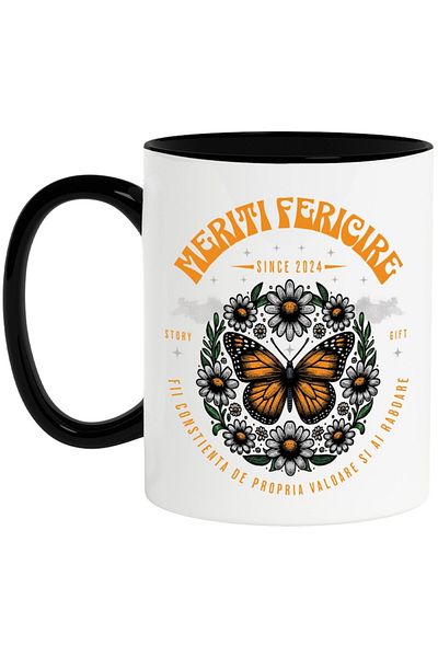 INOVATIX Personalized white mug, You Deserve Happiness - Butterfly with Flowers, with Black Handle, INOVATIX®. 330ml