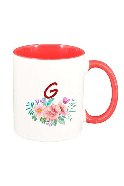 INOVATIX Personalized white mug, Flowers with alphabet, dark red interior, D941, INOVATIX®. 330ml