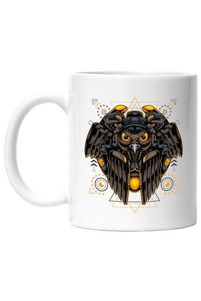 INOVATIX Personalized white mug, Owl, Wings, Mecha, Cyberpunk, SciFi, Geometric, INOVATIX®. 330ml