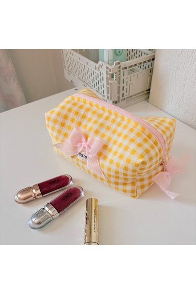 PİNKUE Pinkue Sarı Ekose Fiyonklu Makyaj ve BakımÇantası