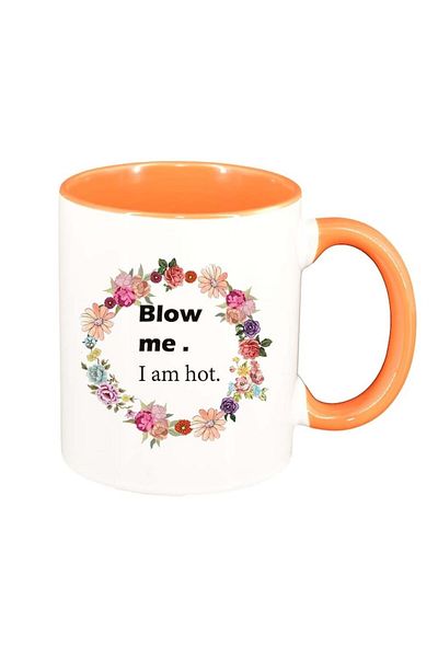 INOVATIX Personalized white mug, Flowers, Blow me, I`m hot.., orange interior, D1046, INOVATIX®. 330ml