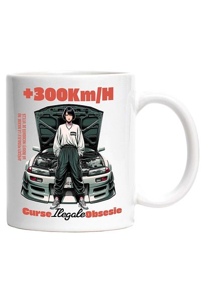 INOVATIX Cana alba personalizata, Fata stil Anime Cu Masina Curse Ilegale Obsesie Viteza, INOVATIX®. 330ml