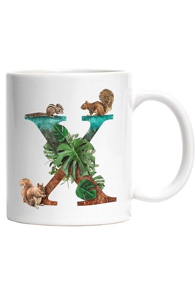 INOVATIX Personalized white mug, Letter, X, Squirrels, Leaves, INOVATIX®. 330ml
