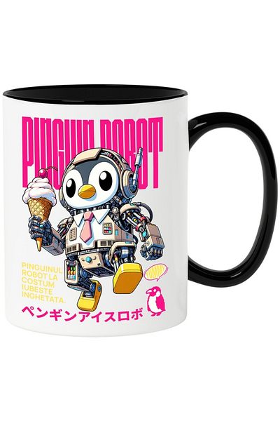 INOVATIX Personalized white mug, Robot Penguin Loves Ice Cream, with Black Handle, INOVATIX®. 330ml
