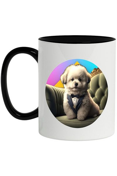 INOVATIX Personalized white mug, Puppy, Fluffy, Costume, Elegant, Sofa, with Black Handle, INOVATIX®. 330ml