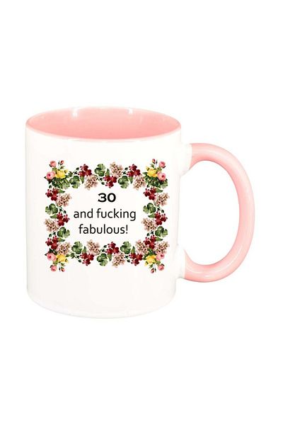 INOVATIX Personalized white mug, Flowers, I`m fabulous, pink interior, D1058, INOVATIX®. 330ml