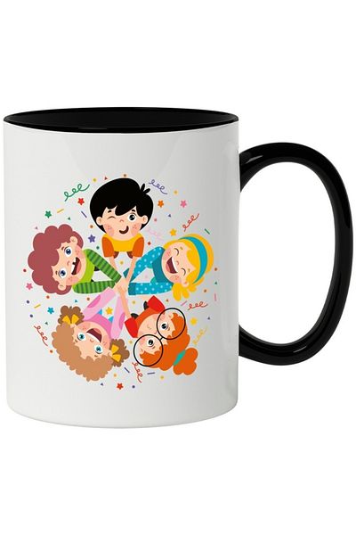 INOVATIX Personalized white mug, Children, Confetti, Glasses, Stars, Play, with Black Handle, INOVATIX®. 330ml