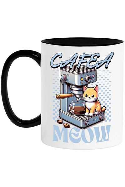 INOVATIX Personalized white mug, Next to the Coffee Meow Coffee Machine, with Black Handle, INOVATIX®. 330ml