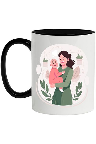 INOVATIX Personalized white mug, Mother, Baby, Child, Parent, Plants, with Black Handle, INOVATIX®. 330ml