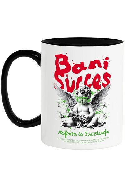 INOVATIX Personalized white mug, Angel, Money, Success - Aspiring to Excellence, with Black Handle, INOVATIX®. 330ml