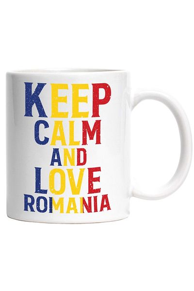 INOVATIX Personalized white mug, Keep calm and love Romania - tricolor, INOVATIX®. 330ml