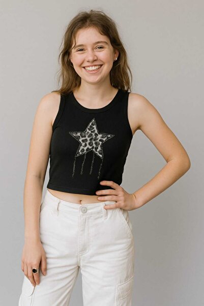 RONYPONY Μαύρο κοντό μπλουζάκι με λεπτομέρεια Leopard Star