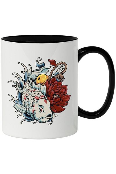 INOVATIX Personalized white mug, Fish, Koi, Flower, Bell, with Black Handle, INOVATIX®. 330ml