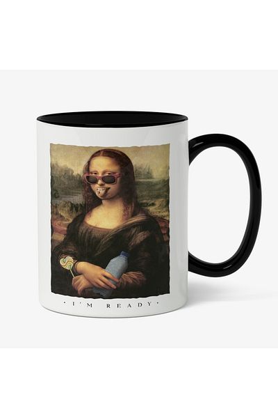 INOVATIX Personalized white mug, Monalisa in Trend, Cool, with Black Handle, INOVATIX®. 330ml