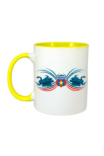 INOVATIX Personalized White Mug, Steaua Bucharest, Yellow Handle and Interior, ®. 330ml