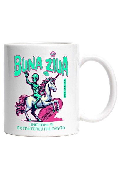INOVATIX Cana alba personalizata, Extraterestru pe Unicorn Buna Ziua, Lume pa...