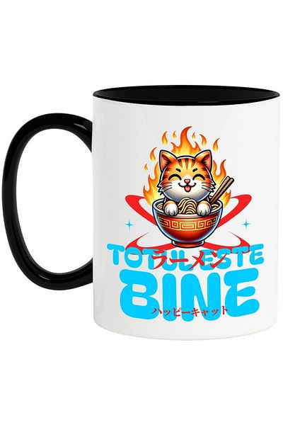 INOVATIX Personalized white mug, Ramen Cat - Everything is Fine, with Black Handle, INOVATIX®. 330ml