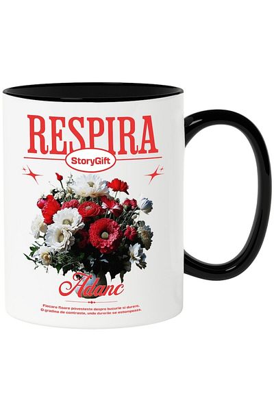 INOVATIX Personalized white mug, Flower Vase - Breathe Deep, with Black Handle, INOVATIX®. 330ml
