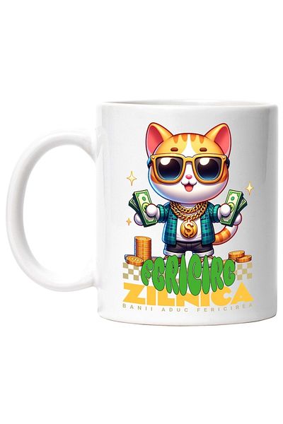 INOVATIX Personalized white mug, Rich Cat - Daily Happiness, Money Brings Happiness, INOVATIX®. 330ml