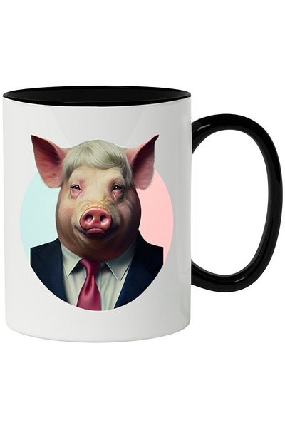 INOVATIX Personalized white mug, Pig, Suit, Wig, Business, Tie, with Black Handle, INOVATIX®. 330ml
