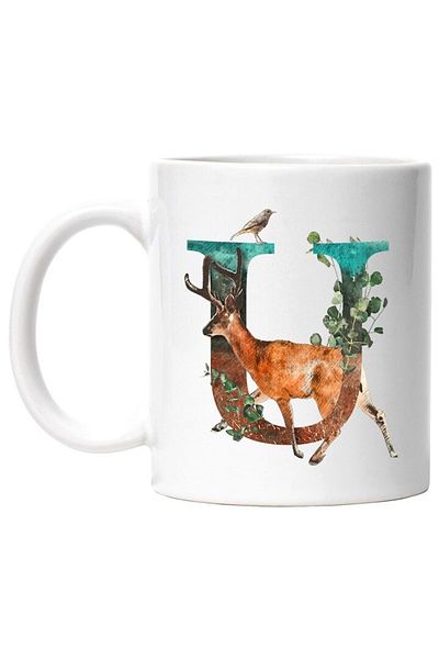 INOVATIX Personalized white mug, Letter, U, Deer, Bird, Leaves, INOVATIX®. 330ml