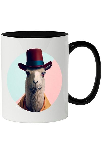 INOVATIX Personalized white mug, Lama, Animal, Hat, Portrait, Coat, with Black Handle, INOVATIX®. 330ml