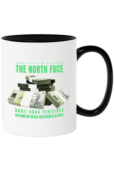 INOVATIX Personalized white mug, _The North Face_ - Money Brings Happiness, with Black Handle, INOVATIX®. 330ml