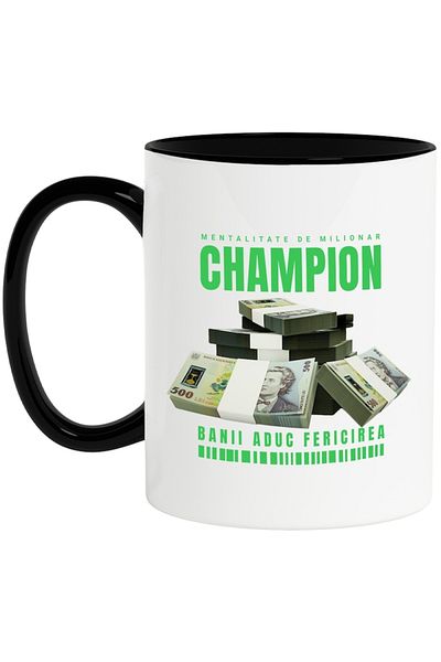 INOVATIX Personalized white mug, _Champion_ - Money Brings Happiness, with Black Handle, INOVATIX®. 330ml
