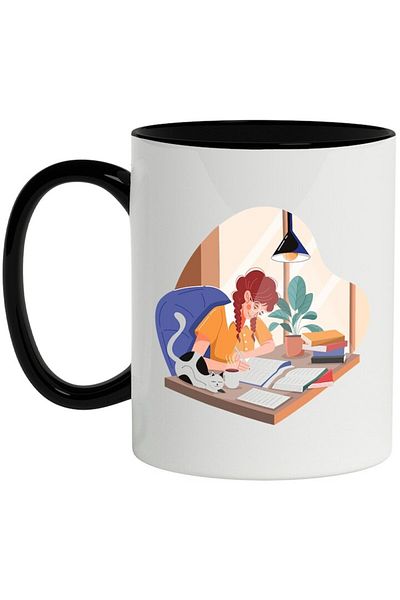 INOVATIX Personalized white mug, Coffee, Cat, Lamp, Desk, Books, with Black Handle, INOVATIX®. 330ml