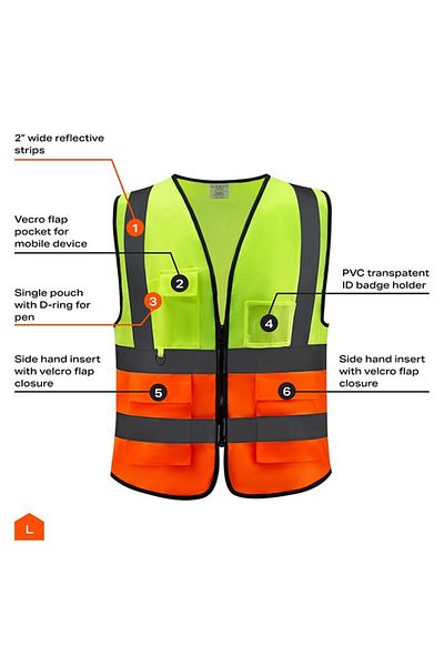Lawazim Unisex Reflective Safety Vest XL - Multi-Pocket High Visibility Workwear 160g- Orange/Yellow