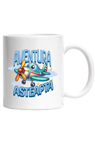 INOVATIX Personalized white mug, Colorful Animated Airplane Above the Clouds Adventure Awaits, INOVATIX®. 330ml