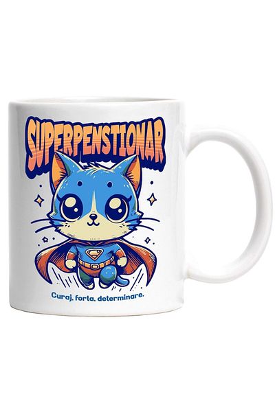 INOVATIX Personalized white mug, Super Pensioner, Superhero, Flying Cat, INOVATIX®. 330ml