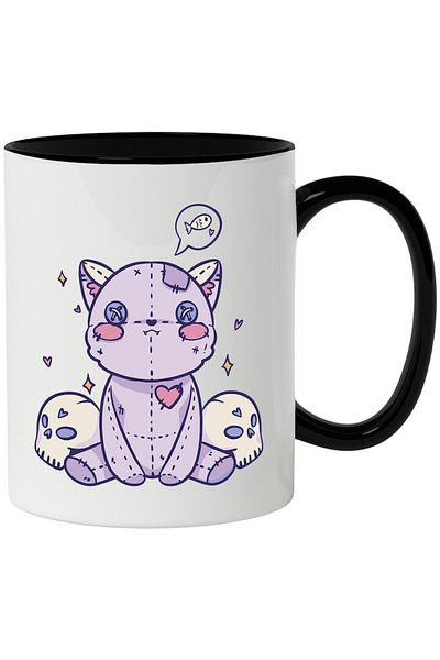 INOVATIX Personalized white mug, De Plus, Skulls, Fish, Gothic, Pastel, with Black Handle, INOVATIX®. 330ml