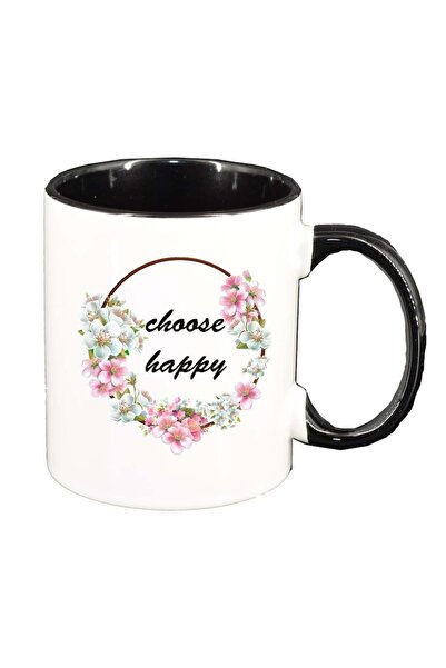 INOVATIX Cana alba personalizata, Flori, Happy, interior negru, D1039, INOVATIX®. 330ml