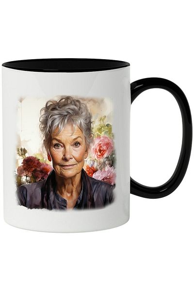 INOVATIX Personalized white mug, Judi Dench, Famous Actress, Film, Series, with Black Handle, INOVATIX®. 330ml