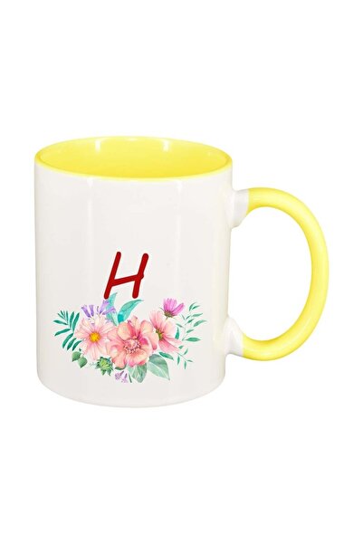 INOVATIX Εξατομικευμένη λευκή κούπα, Λουλούδια με αλφάβητο, κίτρινο εσωτερικό...