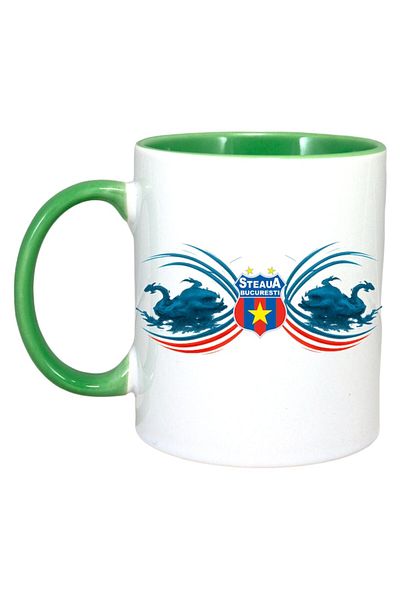 INOVATIX Personalized White Mug, Steaua Bucharest, Green Handle and Interior, ®. 330ml