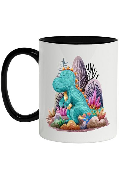 INOVATIX Personalized white mug, Dinosaur, Trees, Plants, Flowers, with Black Handle, INOVATIX®. 330ml