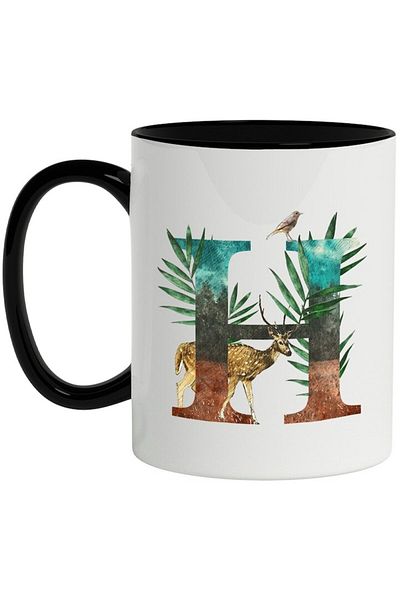 INOVATIX Personalized white mug, Letter, H, Deer, Bird, Leaves, with Black Handle, INOVATIX®. 330ml